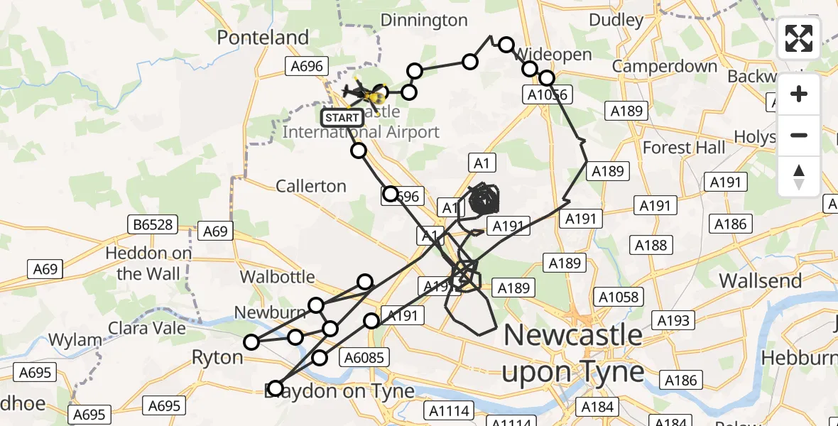 Flight path map showing Police Helicopter route from Newcastle International Airport to Newcastle International Airport