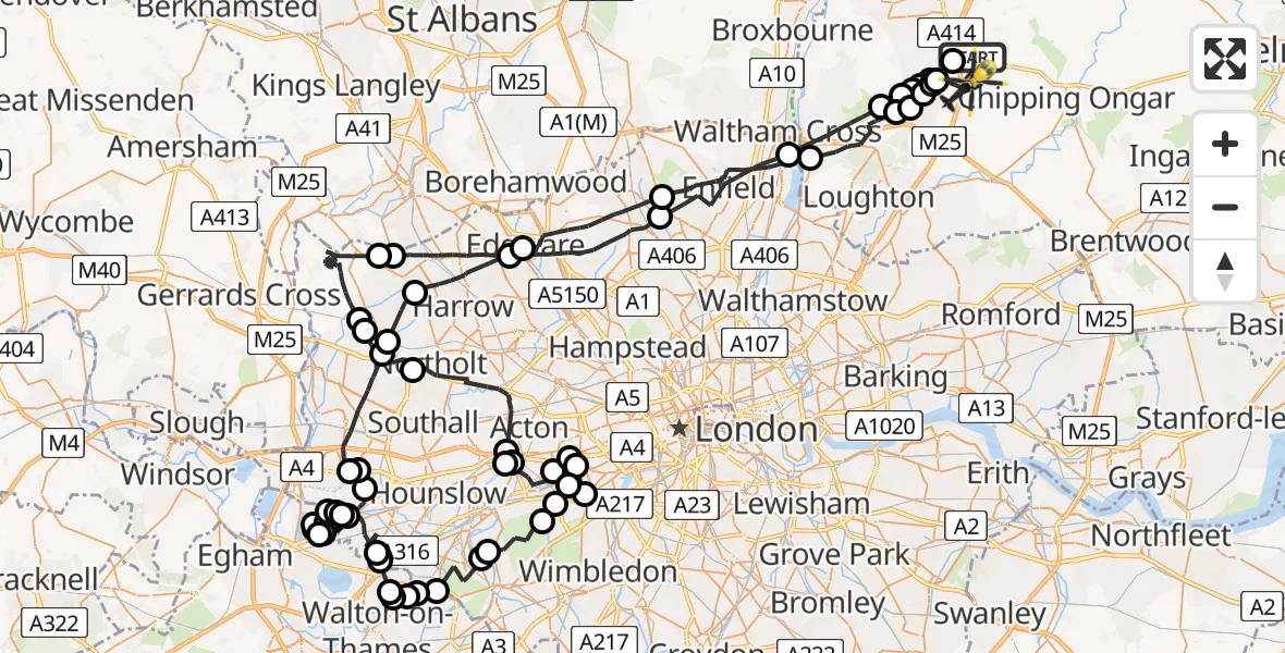 Flight path map showing Police Helicopter route from North Weald Airfield to North Weald Bassett