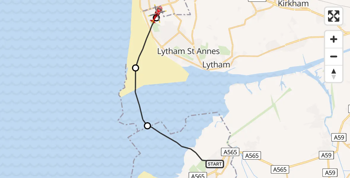 Flight path map showing Air Ambulance Helicopter route from Sefton to Blackpool Airport