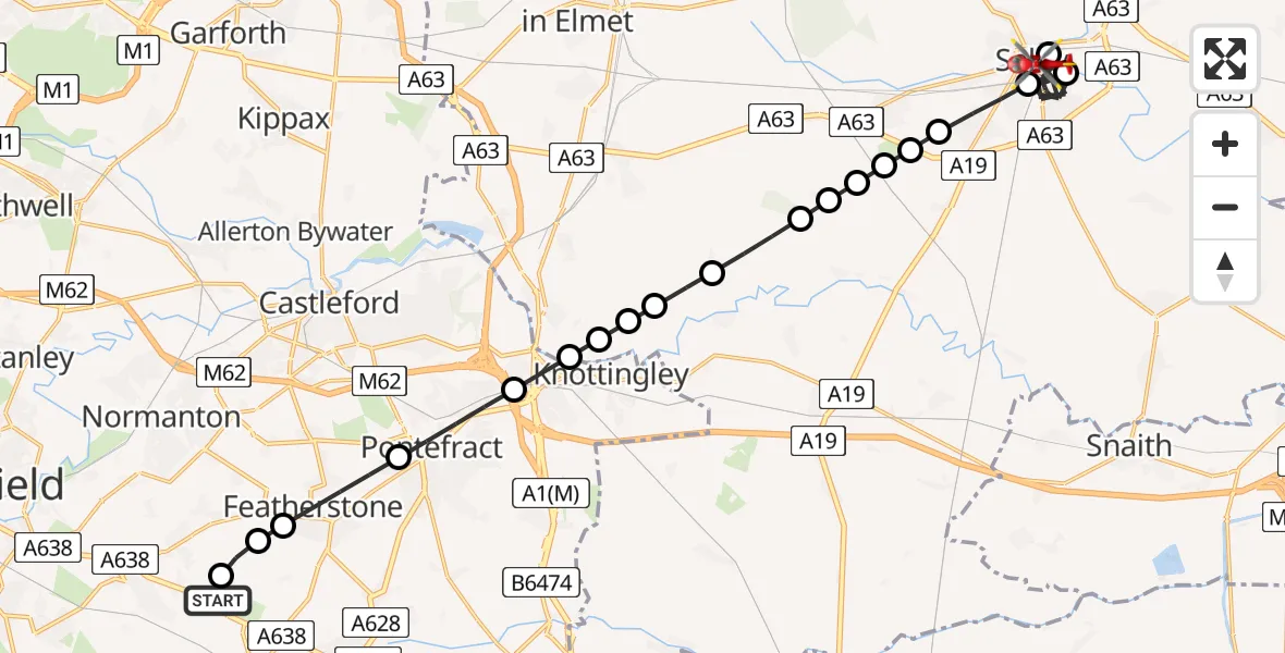 Flight path map showing Air Ambulance Helicopter route from YAA Nostell Helicopter Port to Selby