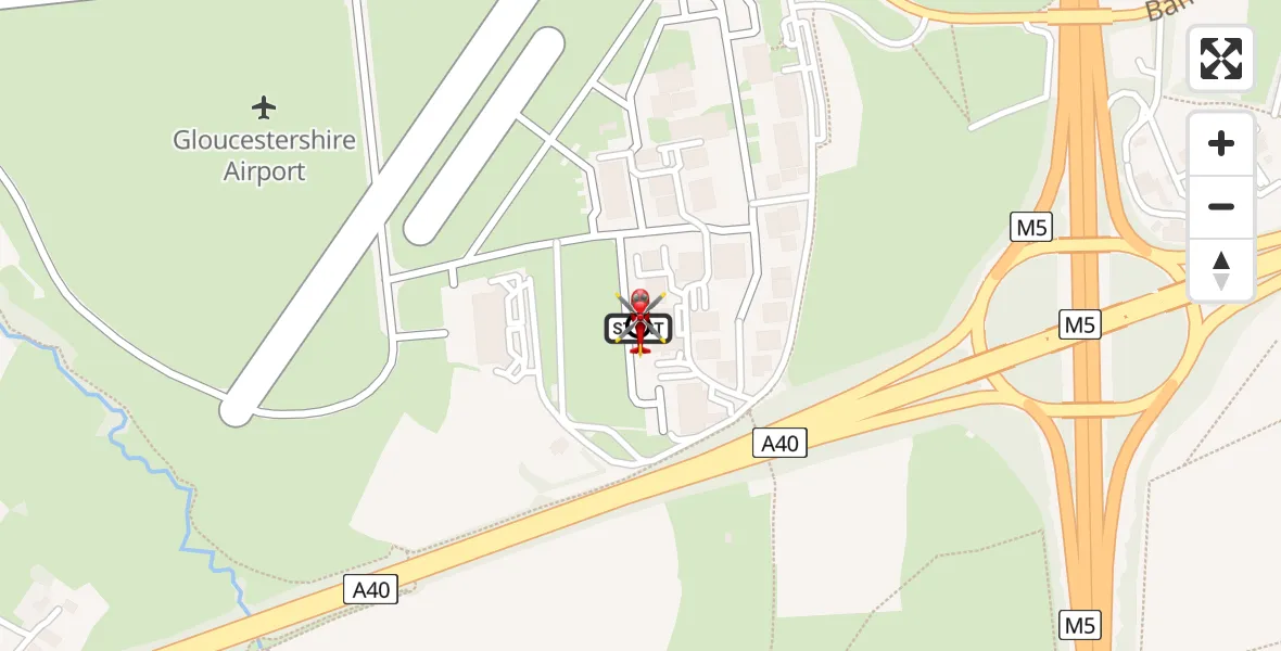 Flight path map showing Air Ambulance Helicopter route from Gloucestershire Airport to Churchdown