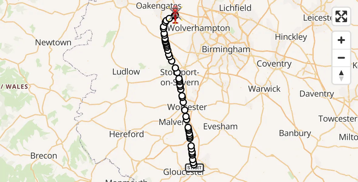 Flight path map showing Air Ambulance Helicopter route from Gloucestershire Airport to Cosford