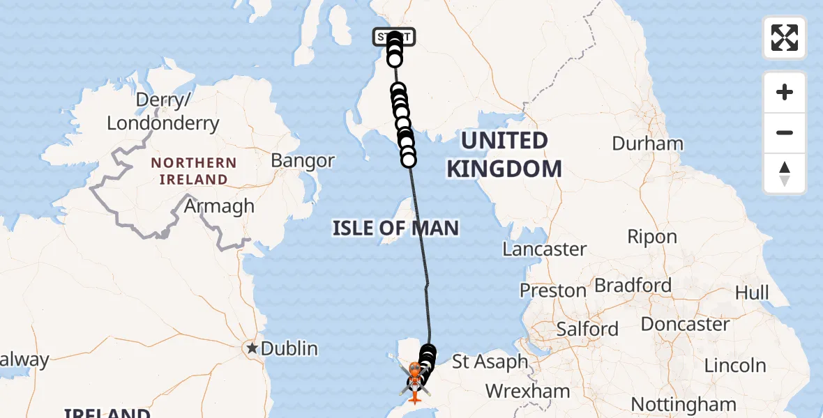 Flight path map showing Coastguard Helicopter route from Glasgow Prestwick Airport to Caernarfon Airport