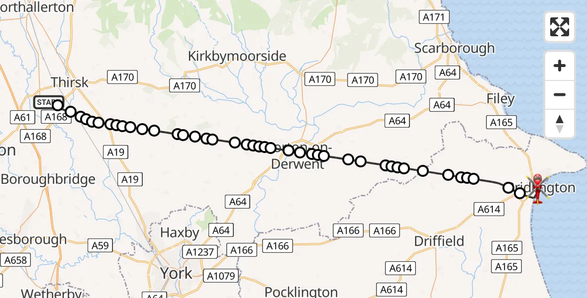 Flight path map showing Air Ambulance Helicopter route from RAF Topcliffe to Bridlington