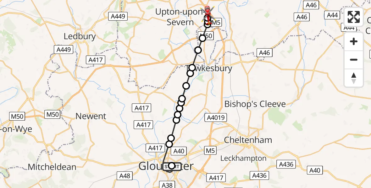 Flight path map showing Air Ambulance Helicopter route from Gloucester Royal Hospital to Hill Croome
