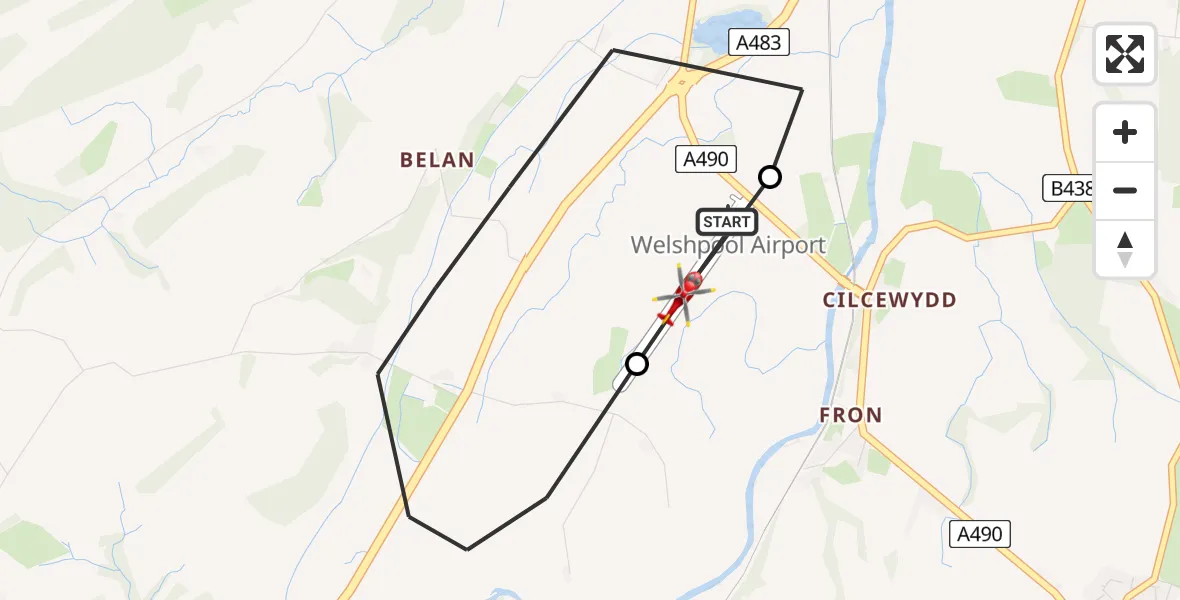 Flight path map showing Air Ambulance Helicopter route from Welshpool Airport to Welshpool Airport