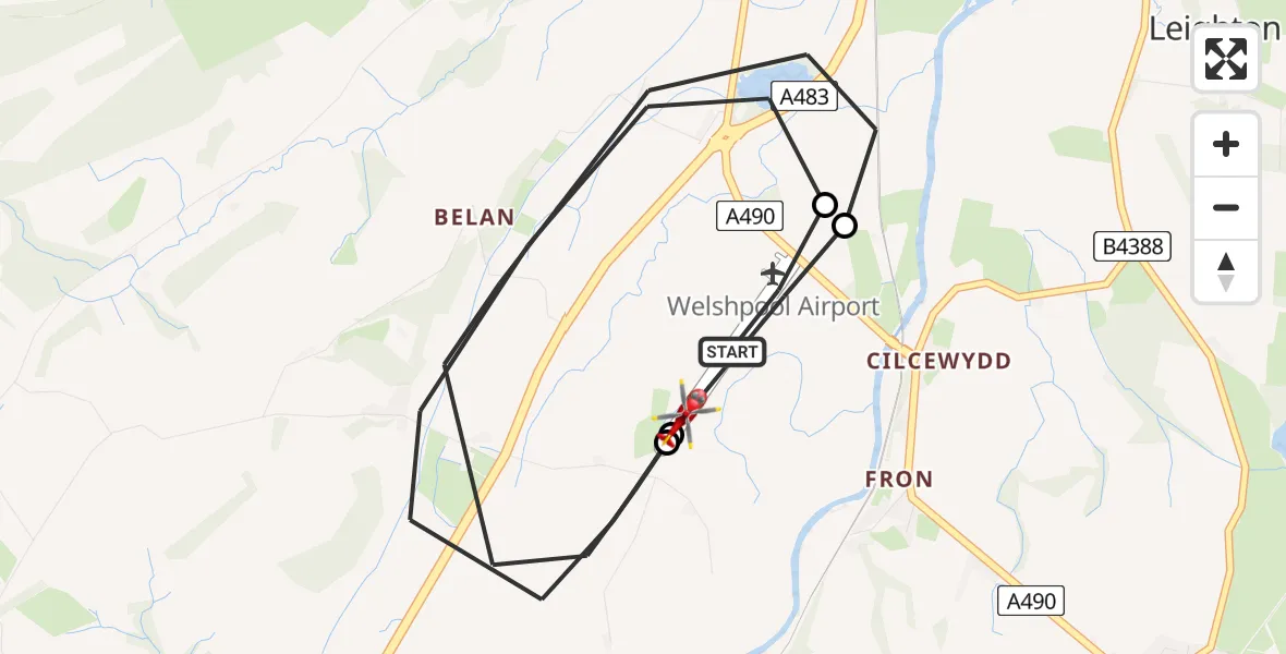 Flight path map showing Air Ambulance Helicopter route from Welshpool Airport to Welshpool Airport