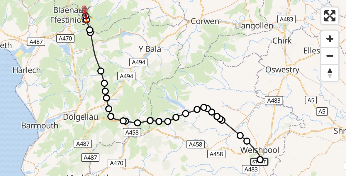 Flight path map showing Air Ambulance Helicopter route from Welshpool Airport to Cwm Penmachno