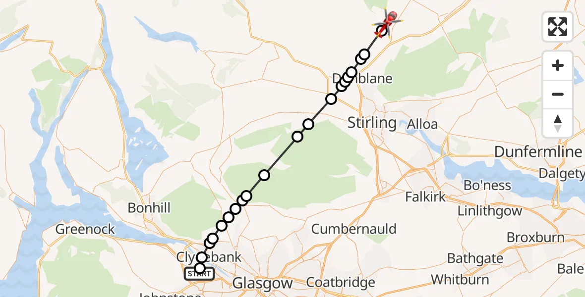 Flight path map showing Air Ambulance Helicopter route from Glasgow Airport to Braco