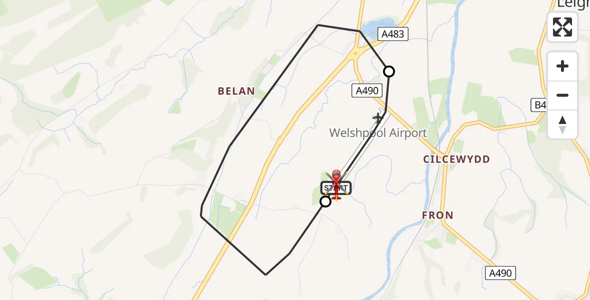 Flight path map showing Air Ambulance Helicopter route from Welshpool Airport to Welshpool Airport