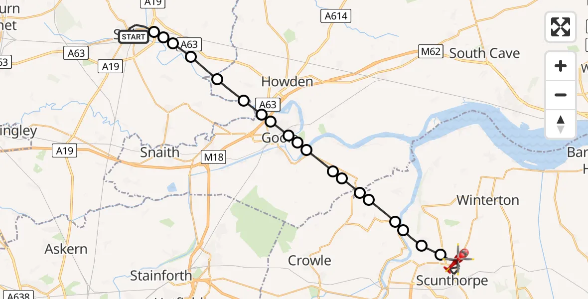 Flight path map showing Air Ambulance Helicopter route from Selby to Scunthorpe
