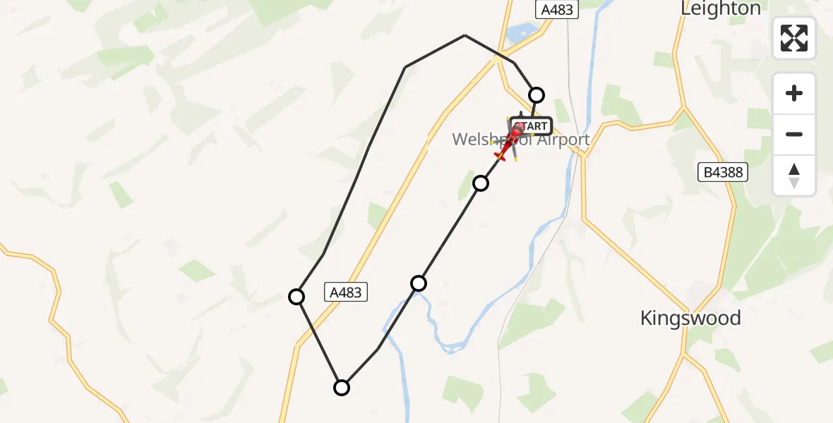 Flight path map showing Air Ambulance Helicopter route from Welshpool Airport to Welshpool Airport