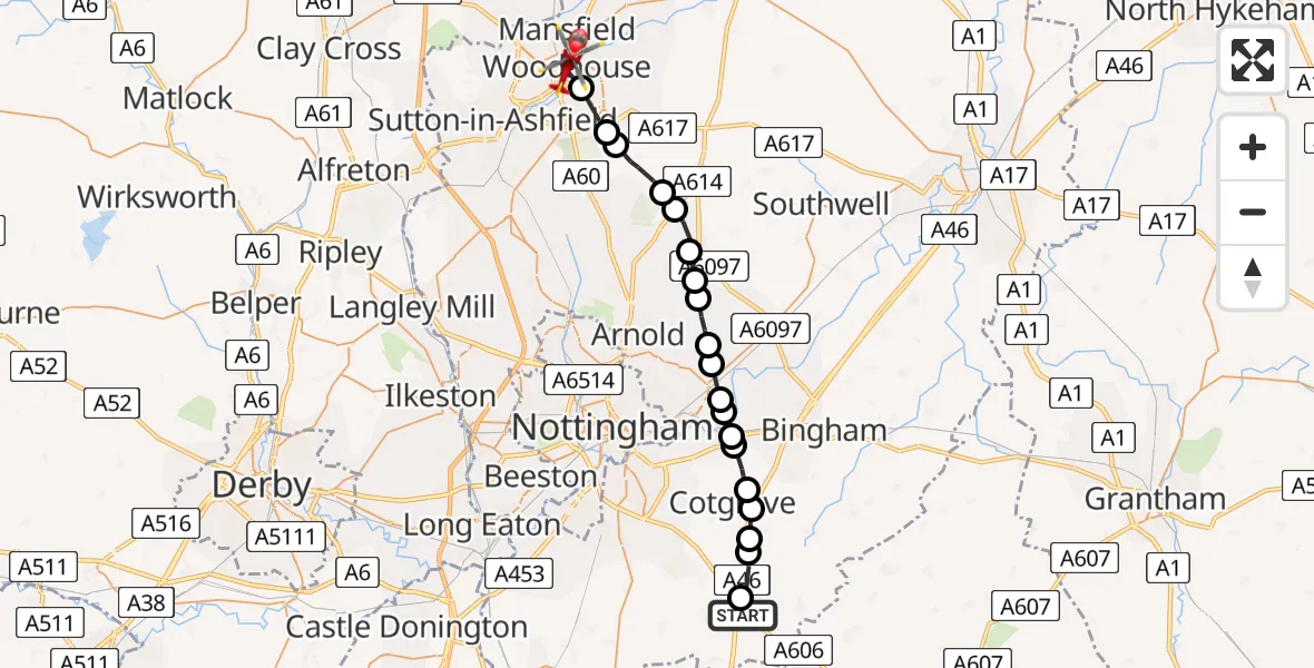 Flight path map showing Air Ambulance Helicopter route from Hickling to Mansfield Woodhouse
