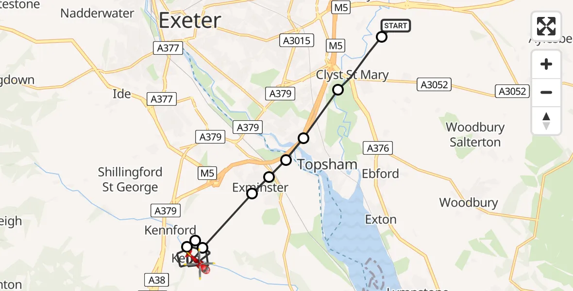 Flight path map showing Air Ambulance Helicopter route from Clyst Honiton to Kenn