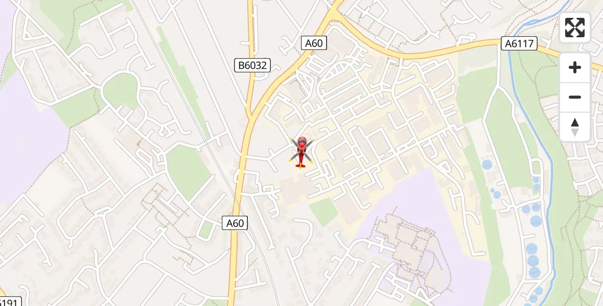 Flight path map showing Air Ambulance Helicopter route from Mansfield Woodhouse to Mansfield Woodhouse