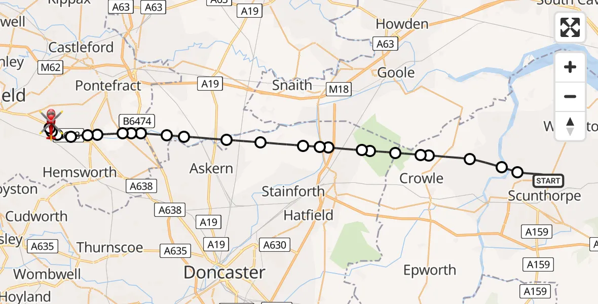 Flight path map showing Air Ambulance Helicopter route from Scunthorpe to YAA Nostell Helicopter Port