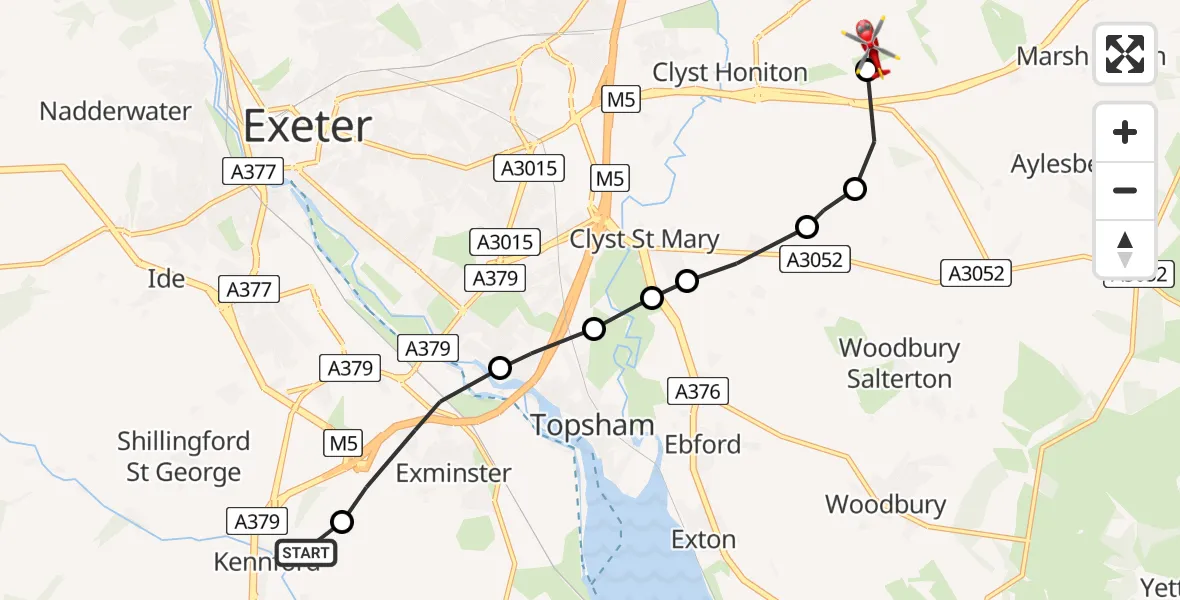 Flight path map showing Air Ambulance Helicopter route from Kennford to Exeter International Airport