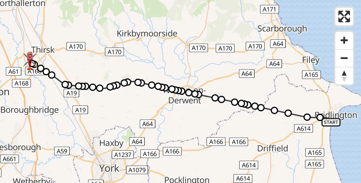 Flight path map showing Air Ambulance Helicopter route from Bridlington to RAF Topcliffe