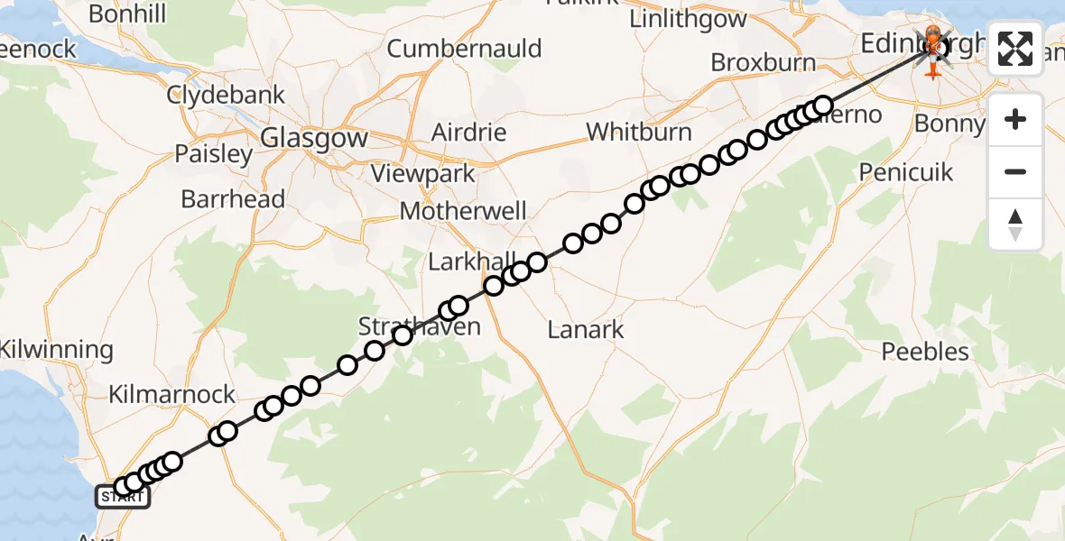 Flight path map showing Coastguard Helicopter route from Glasgow Prestwick Airport to City of Edinburgh