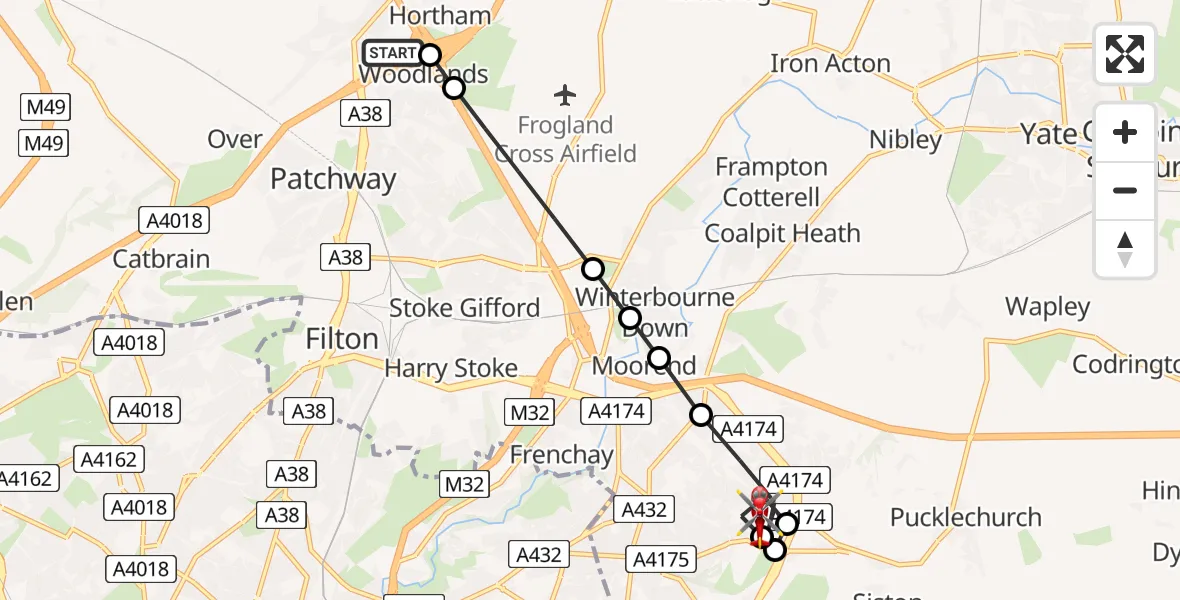 Flight path map showing Air Ambulance Helicopter route from Almondsbury Helicopter Base to Bristol