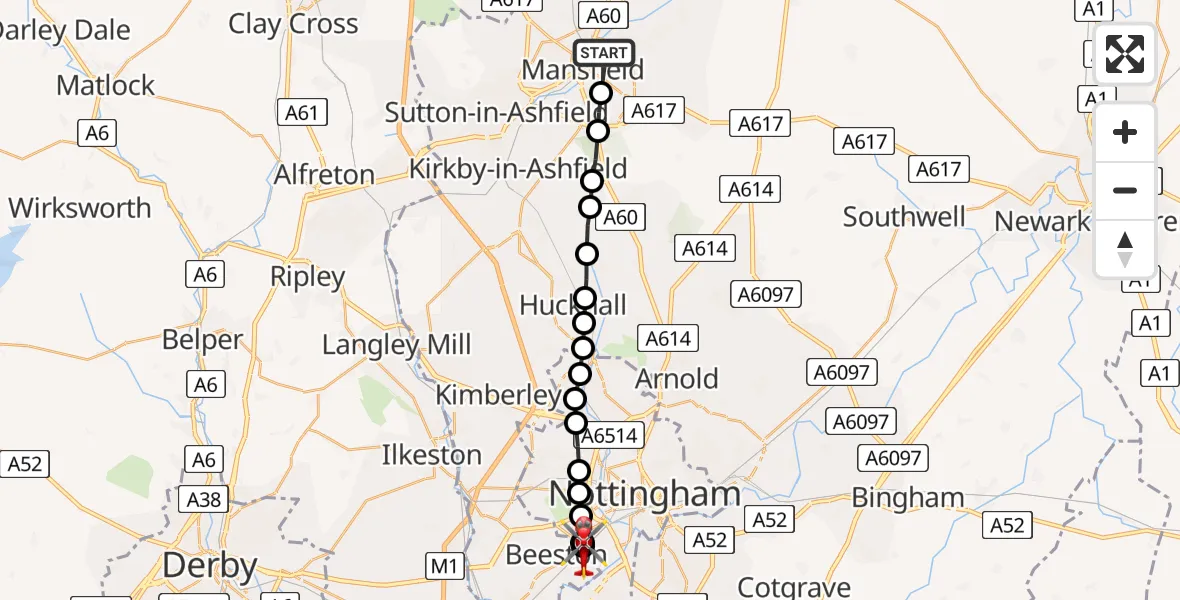 Flight path map showing Air Ambulance Helicopter route from Mansfield Woodhouse to Beeston