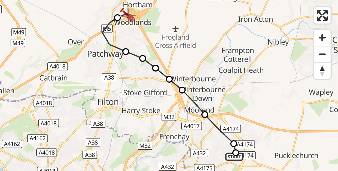 Flight path map showing Air Ambulance Helicopter route from Bristol to Almondsbury Helicopter Base