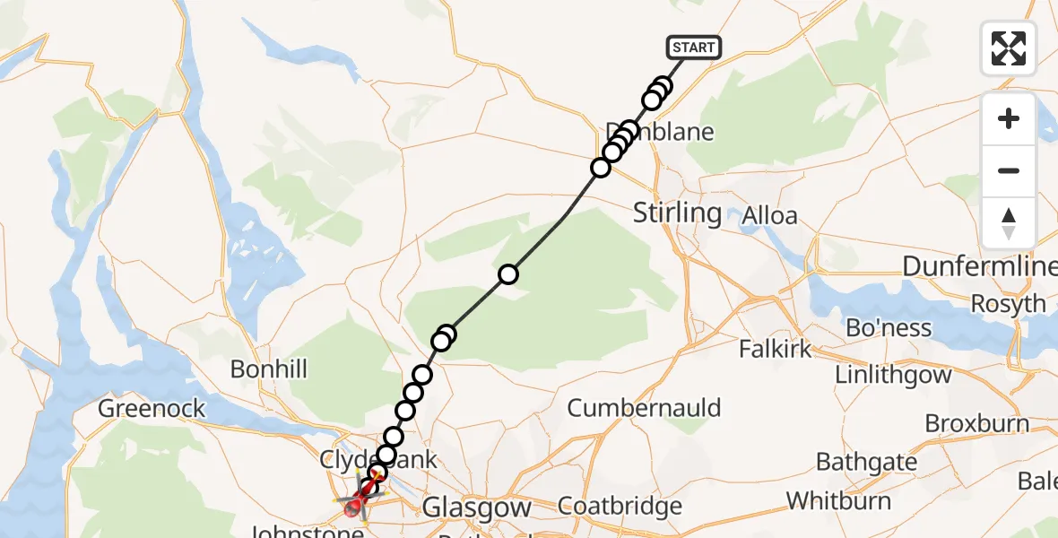 Flight path map showing Air Ambulance Helicopter route from Braco to Glasgow Airport