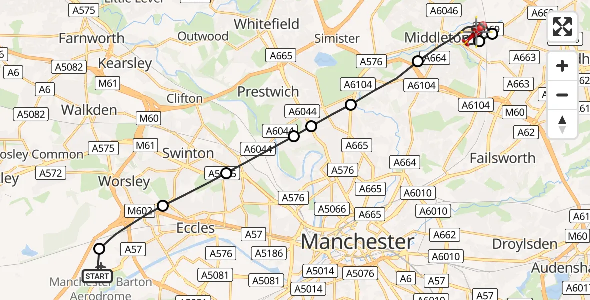 Flight path map showing Air Ambulance Helicopter route from Manchester Barton Aerodrome to Middleton