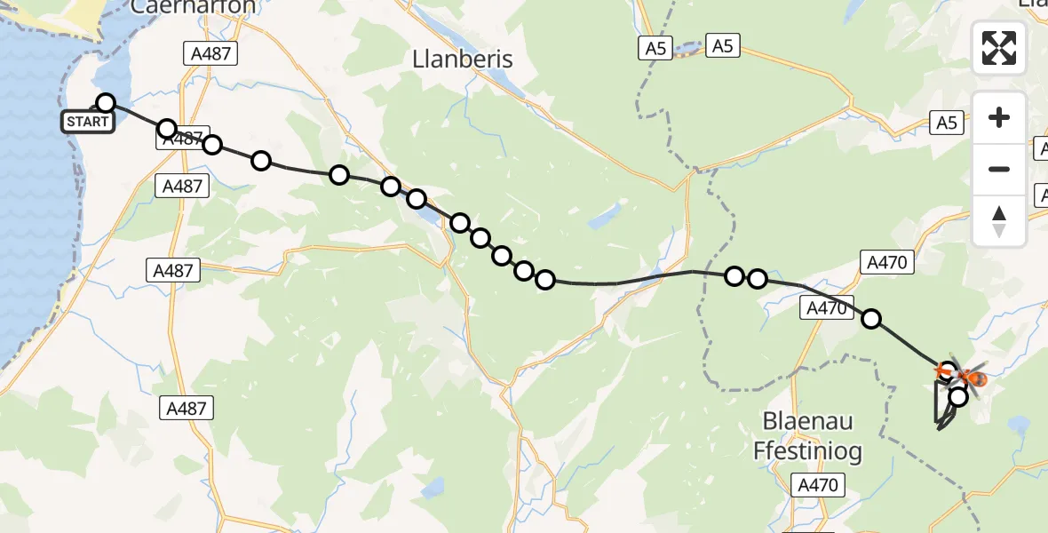 Flight path map showing Coastguard Helicopter route from Caernarfon Airport to Cwm Penmachno
