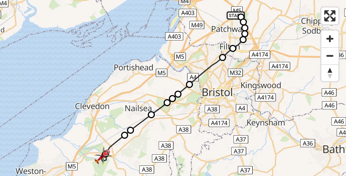 Routekaart van de vlucht: Air Ambulance Helicopter to Bristol, Dolemoor Lane