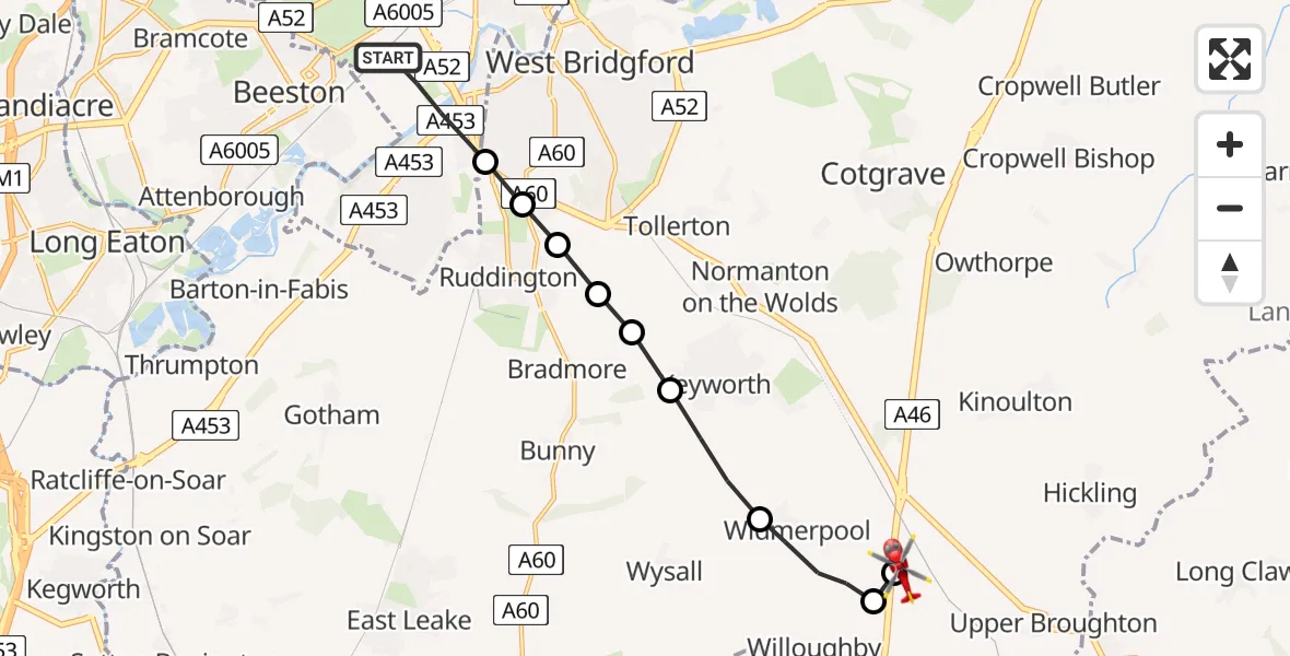 Flight path map showing Air Ambulance Helicopter route from City of Nottingham to Nottingham Heliport