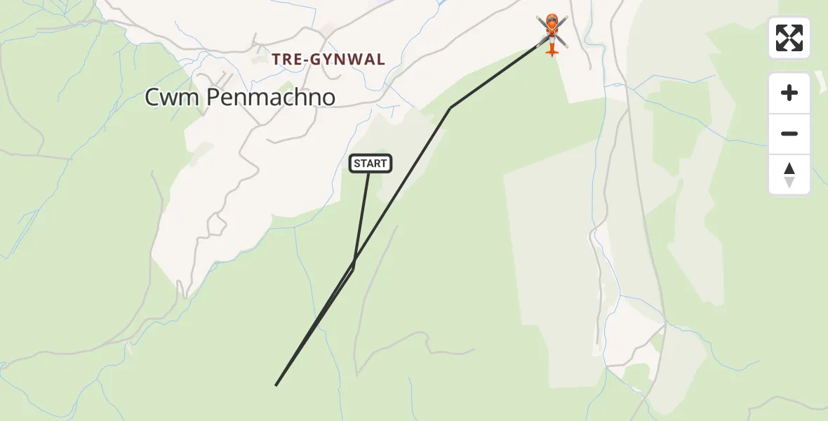Flight path map showing Coastguard Helicopter route from Cwm Penmachno to Cwm Penmachno