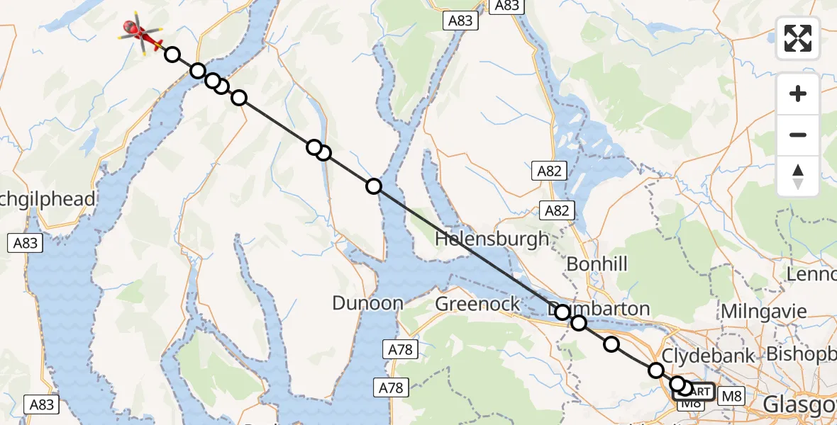 Flight path map showing Air Ambulance Helicopter route from Glasgow Airport to Brenchoille