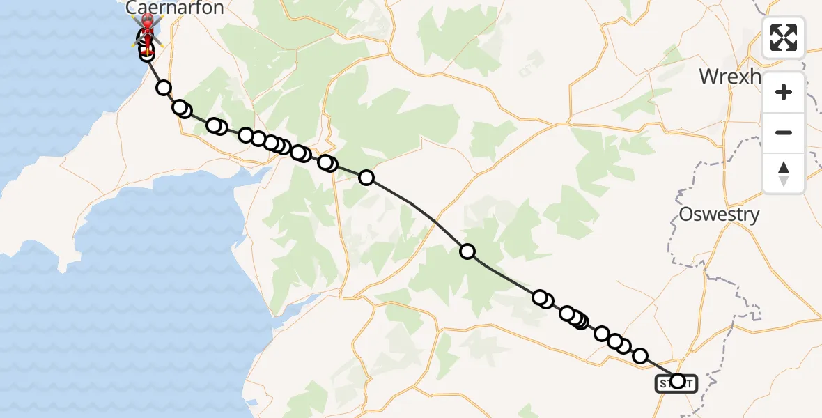Flight path map showing Air Ambulance Helicopter route from Welshpool Airport to Caernarfon Airport