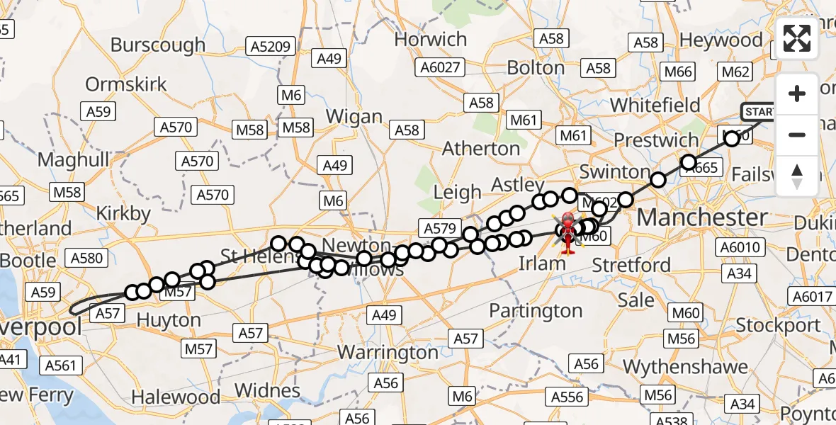 Flight path map showing Air Ambulance Helicopter route from Middleton to Manchester Barton Aerodrome