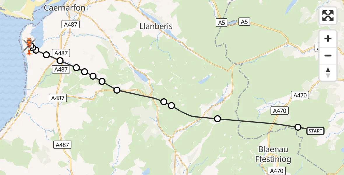 Flight path map showing Coastguard Helicopter route from Bro Machno to Caernarfon Airport