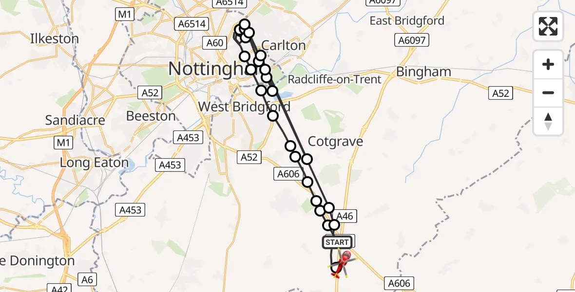 Routekaart van de vlucht: Air Ambulance Helicopter to Nottingham Heliport