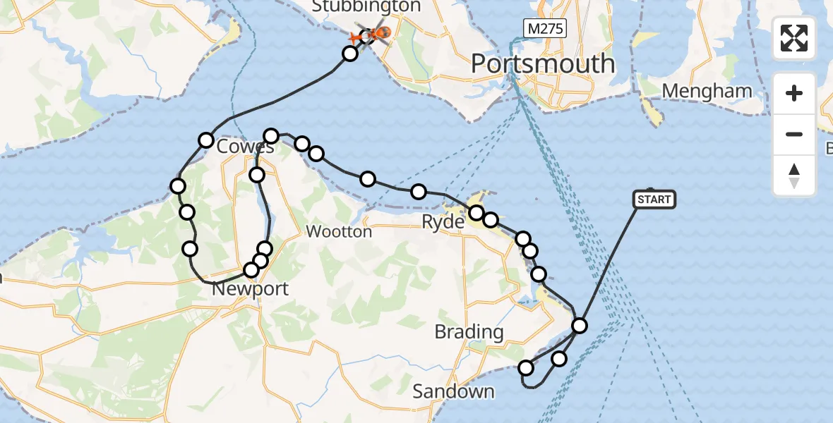 Flight path map showing Coastguard Helicopter route from English Channel to Solent Airport