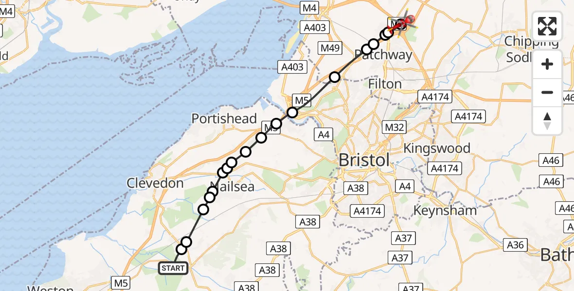 Flight path map showing Air Ambulance Helicopter route from Congresbury to Hortham