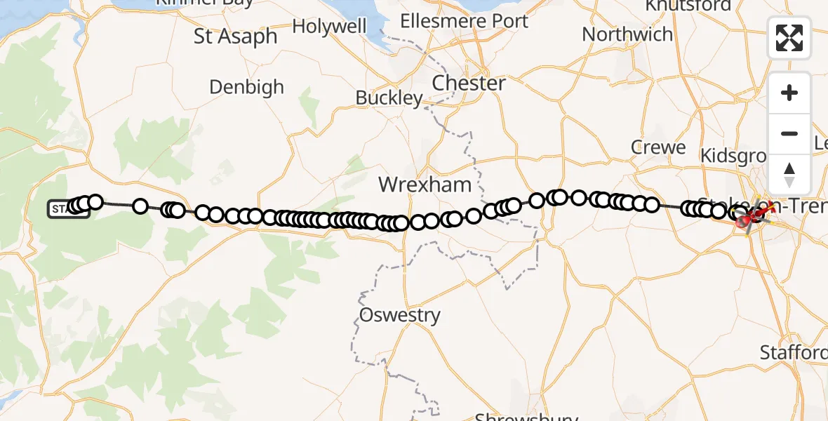 Flight path map showing Air Ambulance Helicopter route from Cwm Penmachno to Stoke