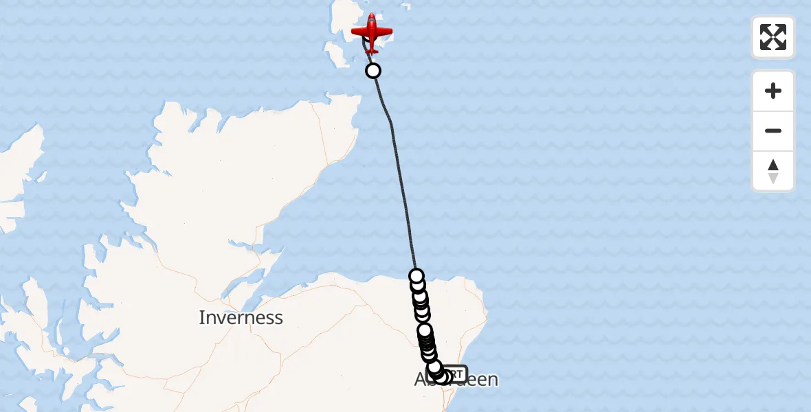 Flight path map showing Air Ambulance Aircraft route from Aberdeen City to Kirkwall