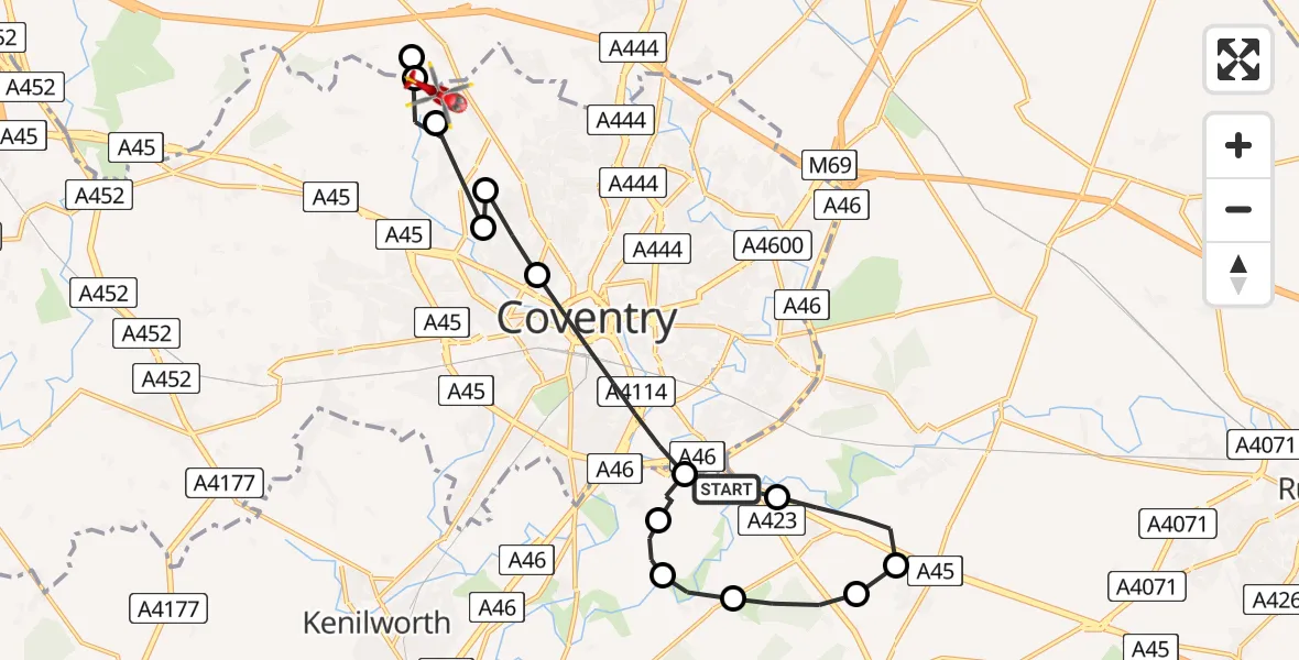 Flight path map showing Air Ambulance Helicopter route from Coventry Airport to Coventry