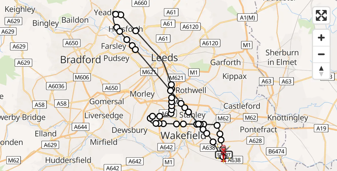 Flight path map showing Air Ambulance Helicopter route from YAA Nostell Helicopter Port to YAA Nostell Helicopter Port
