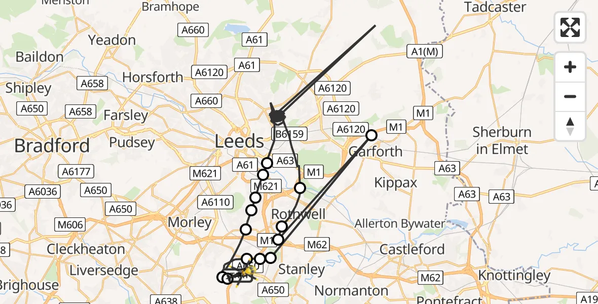 Flight path map showing Police Helicopter route from East Ardsley to East Ardsley