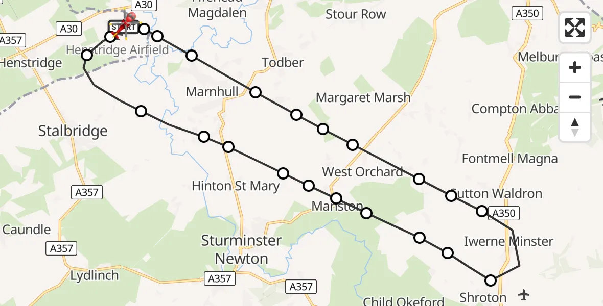 Flight path map showing Air Ambulance Helicopter route from Henstridge Airfield to Henstridge Airfield