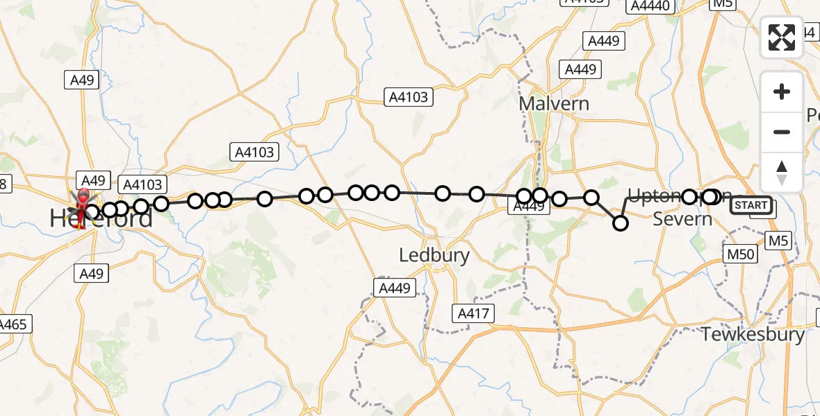 Flight path map showing Air Ambulance Helicopter route from Hill Croome to Hereford