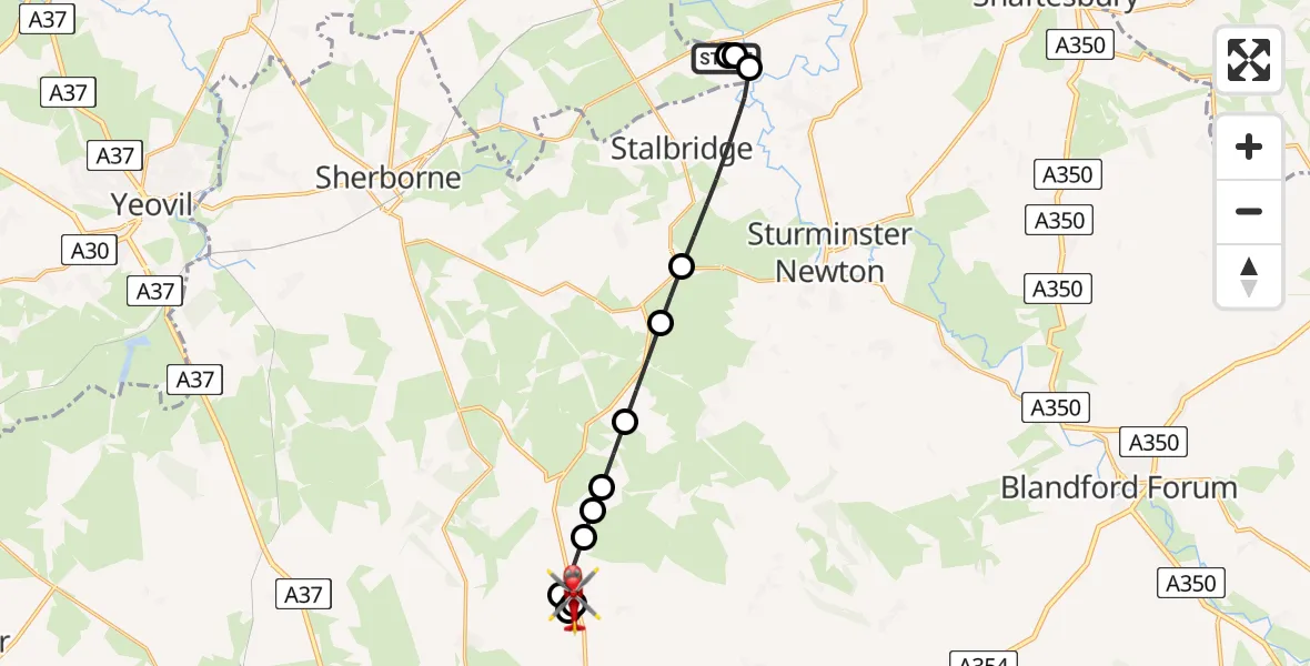 Flight path map showing Air Ambulance Helicopter route from Henstridge Airfield to Piddletrenthide
