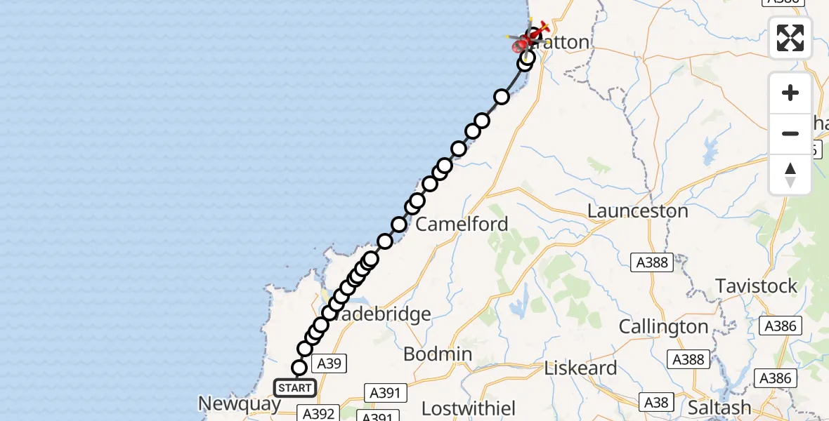 Flight path map showing Air Ambulance Helicopter route from Cornwall Airport Newquay to Bude