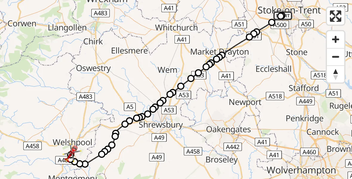 Flight path map showing Air Ambulance Helicopter route from University Hospital North Staffs to Welshpool Airport