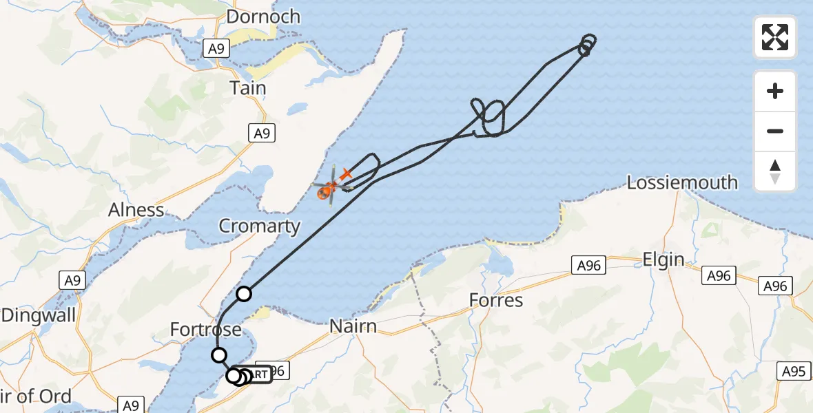 Flight path map showing Coastguard Helicopter route from Inverness Airport to North Sea